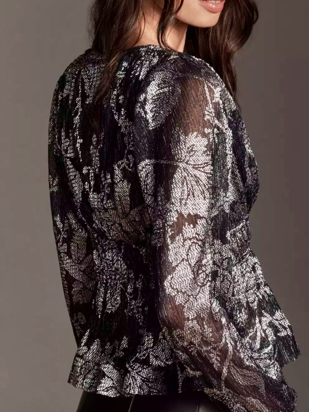 NWT! Anthropologie‎ Metallic Blue & Silver V-Neck Peplum Blouse Long Sleeve ~ M - Picture 3 of 9